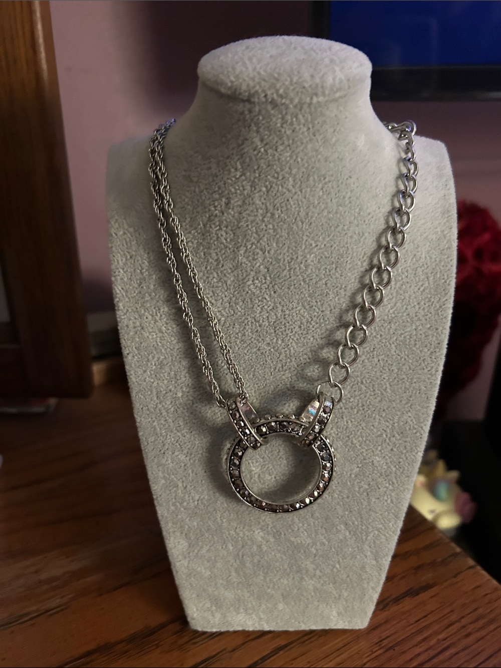 Silver-Tone Circle Pendant Necklace with Crystal Accents